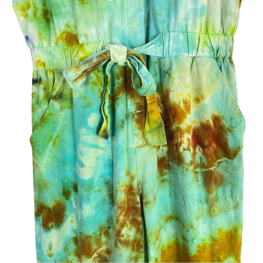 Handmade Tie Dye Jumpsuit Womens Size 8 Linen Jumper Pants Straight Leg Romper - Picture 8 of 14